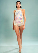 Panelled Body Suit in Soft Hued Illusory Wave Prints