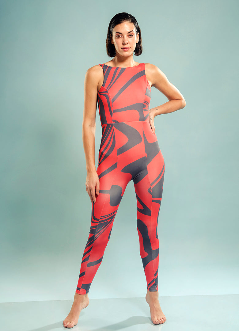 Panelled Full Body Suit in Corallium Rubrum Abstract Print