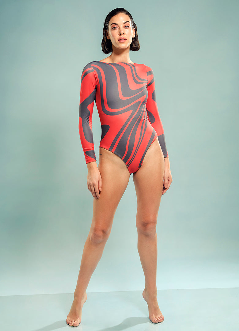 Full Sleeve Body Suit in Corallium Rubrum Abstaract Print