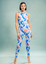 Panelled Full Body Suit in Fludic Ocean Abstract Print