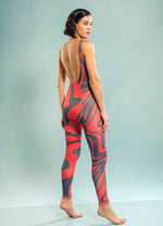 Panelled Full Body Suit in Corallium Rubrum Abstract Print