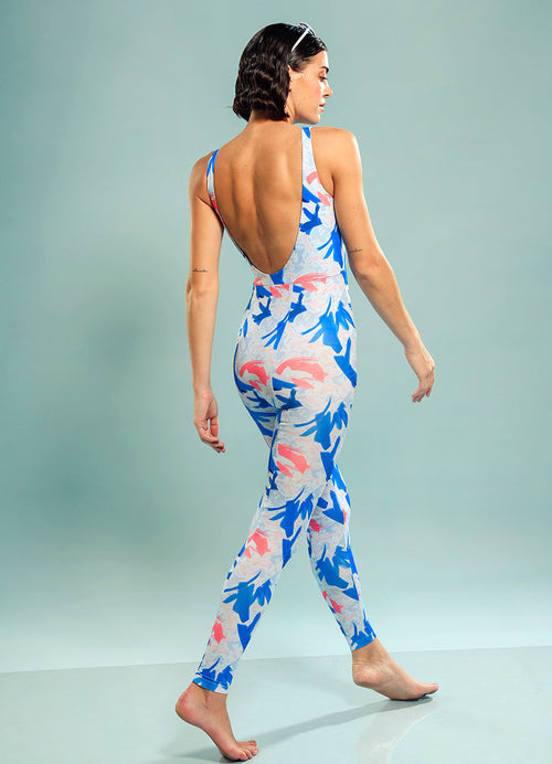 Panelled Full Body Suit in Fludic Ocean Abstract Print