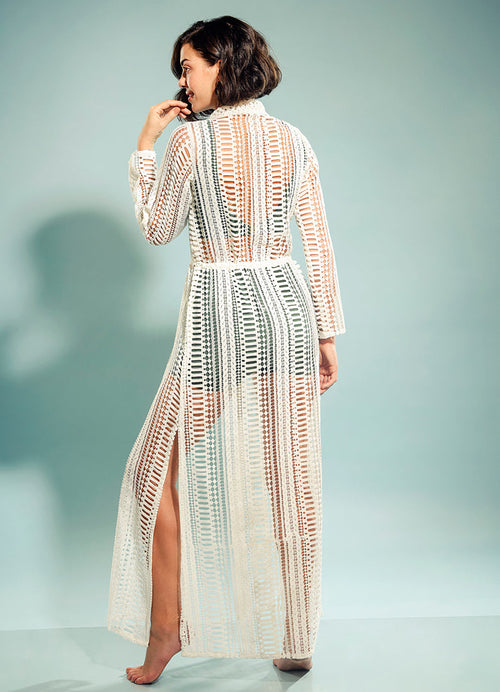 Slit out Maxi Robe in Solid White Window Lace