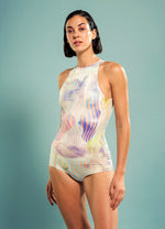 Panelled Body Suit in Soft Hued Illusory Wave Prints