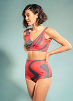 Ruched High Waisted Swim Set in Corallium Rubrum Abstract Print