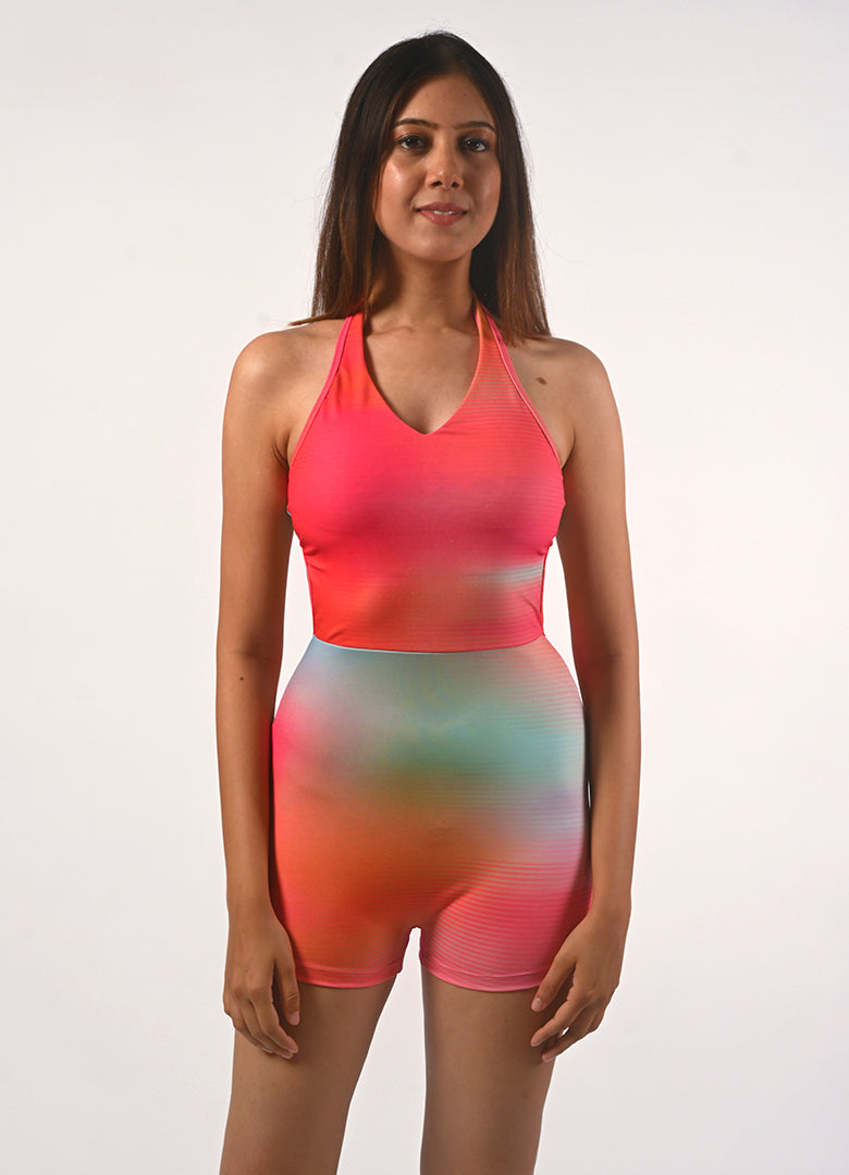 Curvy V-Neck  Body Suit in Oceanic Coral Mix Hues Print