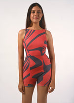 Panelled  Body Suit in Corallium Rubrum Abstract Print