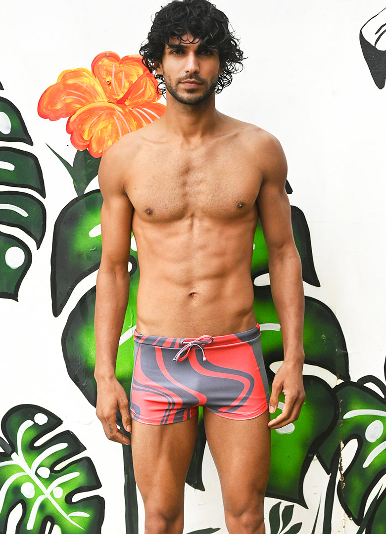 Elevated Swim Trunks in Corallium Rubrum Abstaract Print Black