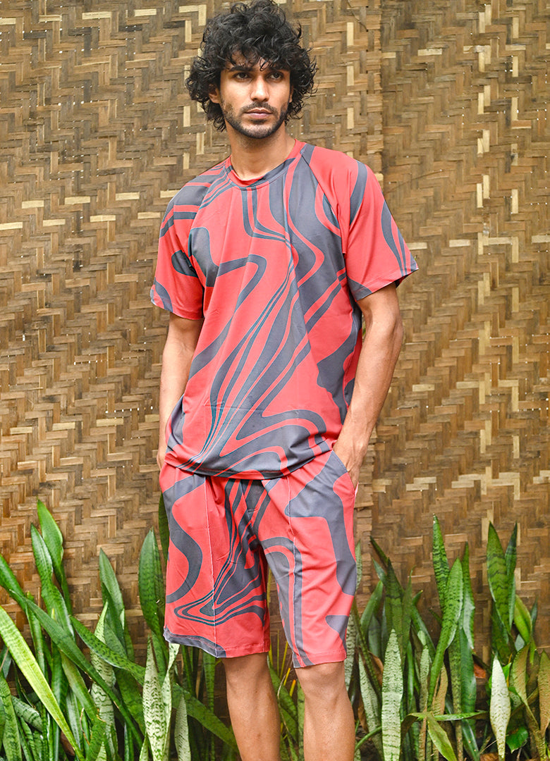 Swim Tee & Shorts in  Corallium Rubrum Abstaract Print Black