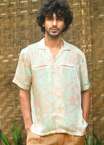 Jetted Pocket Cuban Satin Shirt in Imprints of Flow Pastel Wavelet Print