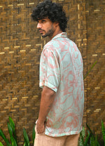 Jetted Pocket Cuban Satin Shirt in Imprints of Flow Pastel Wavelet Print