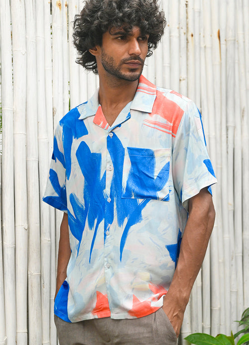 Cuban Shirt in Fludic Ocean Abstract Print