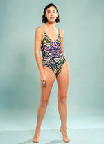 V-Neck Fundamental Bodysuit in Many Hued Waves Print