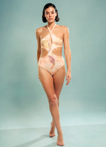 Exposed Crossway Bodysuit in Soft Hued Illusory wave Print