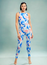 Panelled Full Body Suit in Fludic Ocean Abstract Print