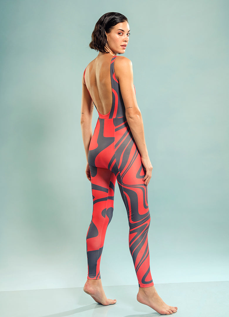 Panelled Full Body Suit in Corallium Rubrum Abstract Print