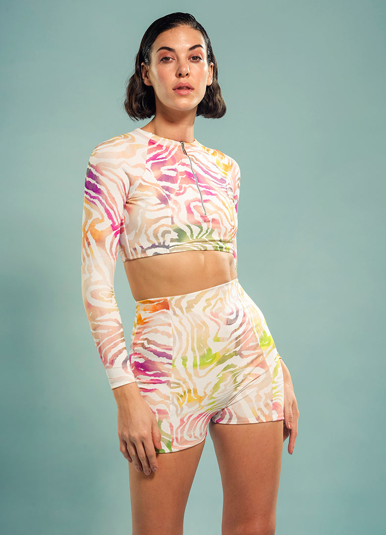 Swim Tee and Shorts in Many Hued Waves Print