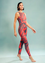 Panelled Full Body Suit in Corallium Rubrum Abstract Print