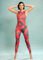 Panelled Full Body Suit in Corallium Rubrum Abstract Print