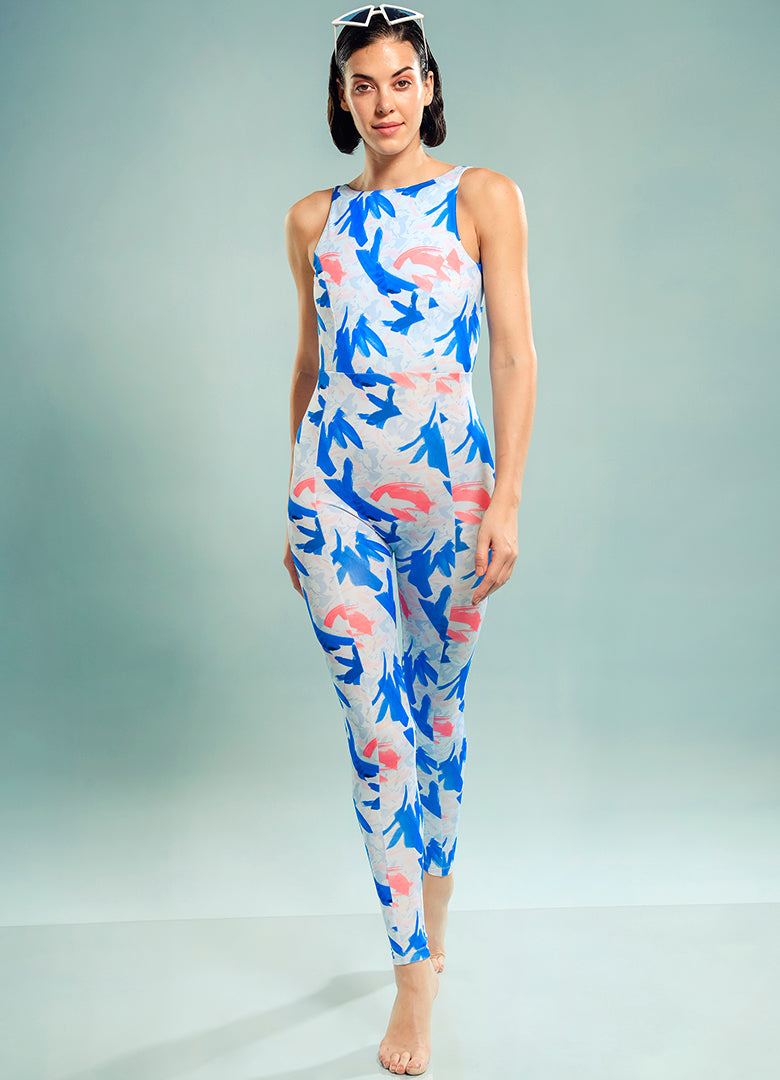 Panelled Full Body Suit in Fludic Ocean Abstract Print