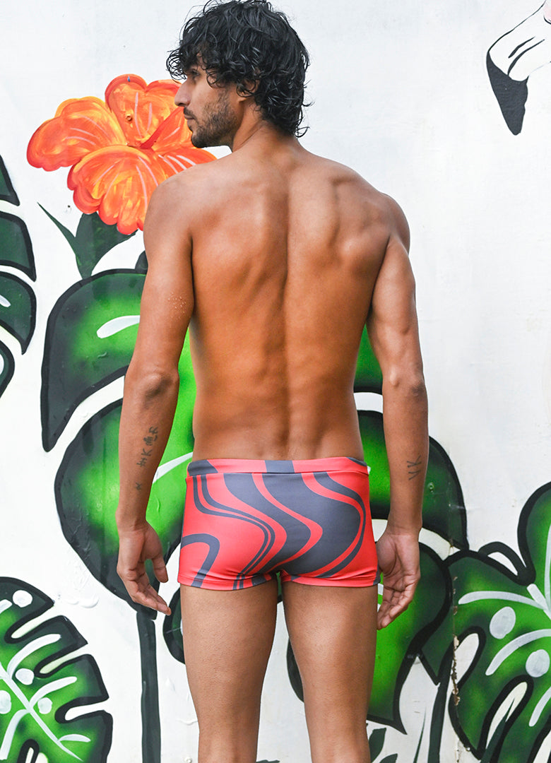 Elevated Swim Trunks in Corallium Rubrum Abstaract Print Black