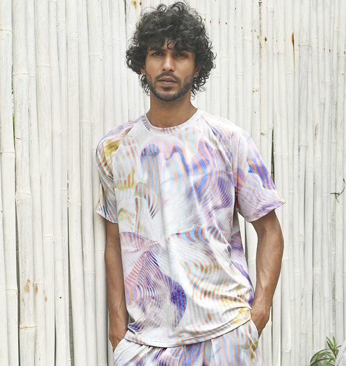 Swim Tee in  Soft Hued Illusory Wave Prints