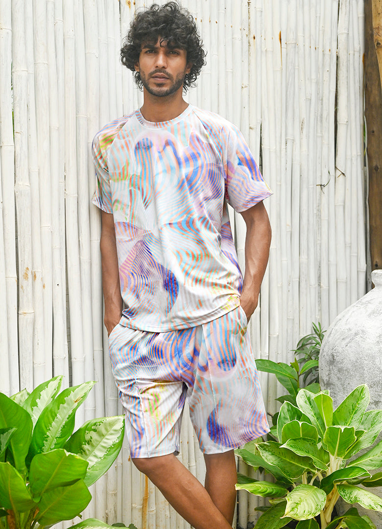 Swim Tee & Shorts in  Soft Hued Illusory Wave Prints