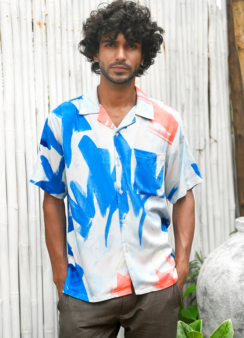 Cuban Shirt in Fludic Ocean Abstract Print